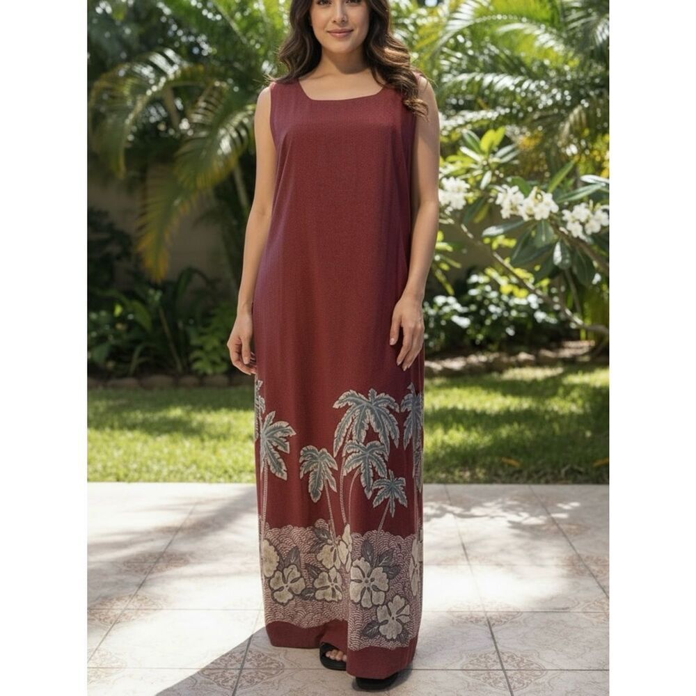 Nani Hawaii Tropical Burnt Orange Maxi Dress Sz XL